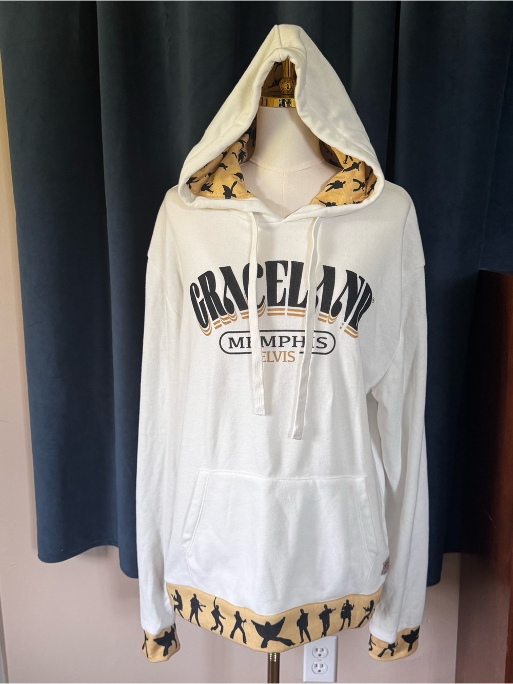 Graceland Memphis Elvis Silhouette White Pullover Hoodie with Gold Trim